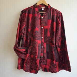 VTG Red Tapestry Jacket 3D Patchwork Print Structured Maximalist Vamp Goth Large